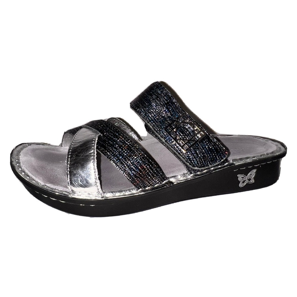 Alegria PG Lite Womens 7-7.5/37 Metallic Silver Black Slide Sandals Rocker Sole